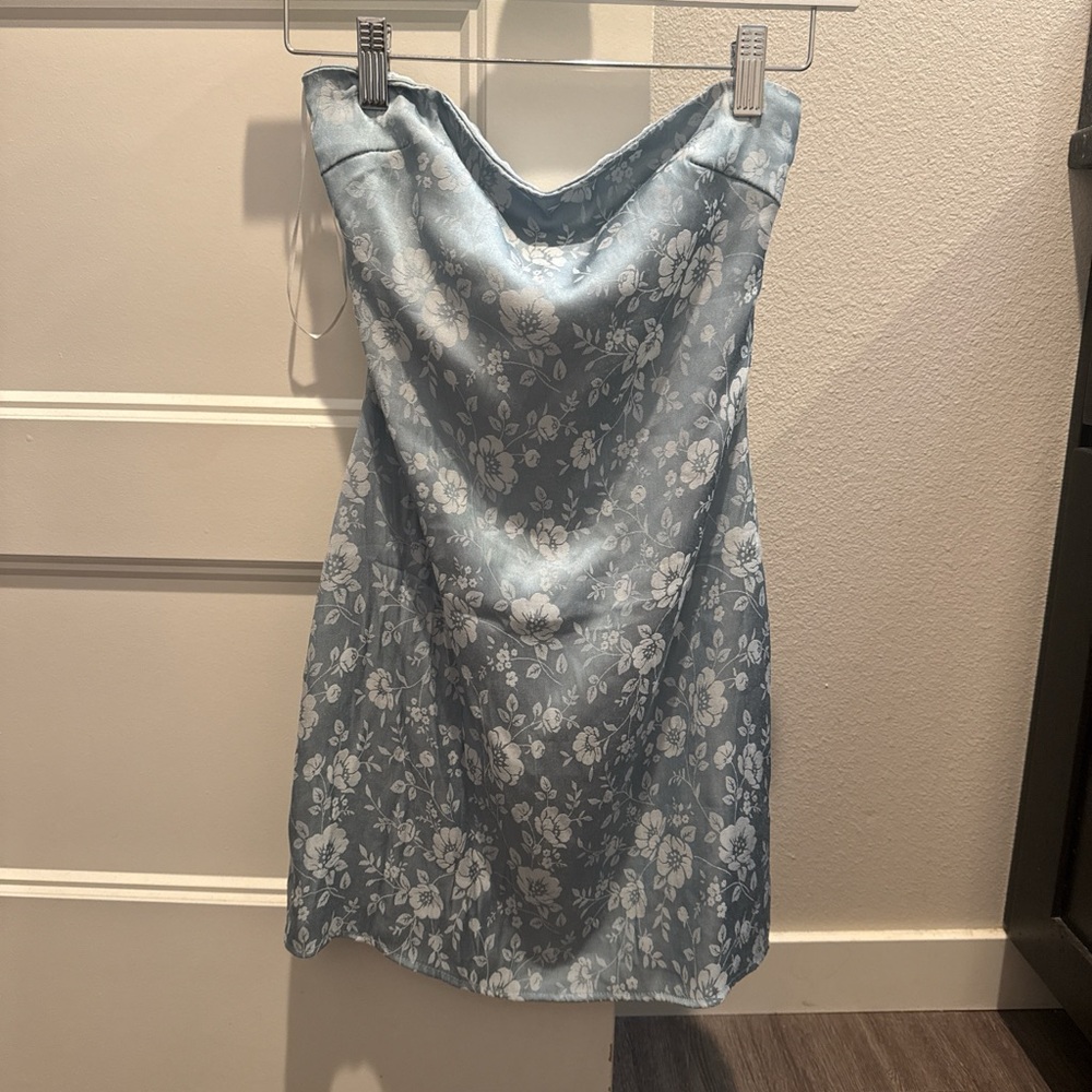 Princess Polly Pale Blue Floral Strapless Satin Dress